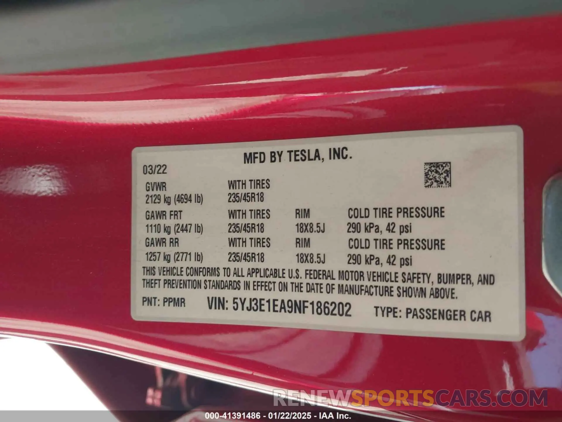 9 Photograph of a damaged car 5YJ3E1EA9NF186202 TESLA MODEL 3 2022