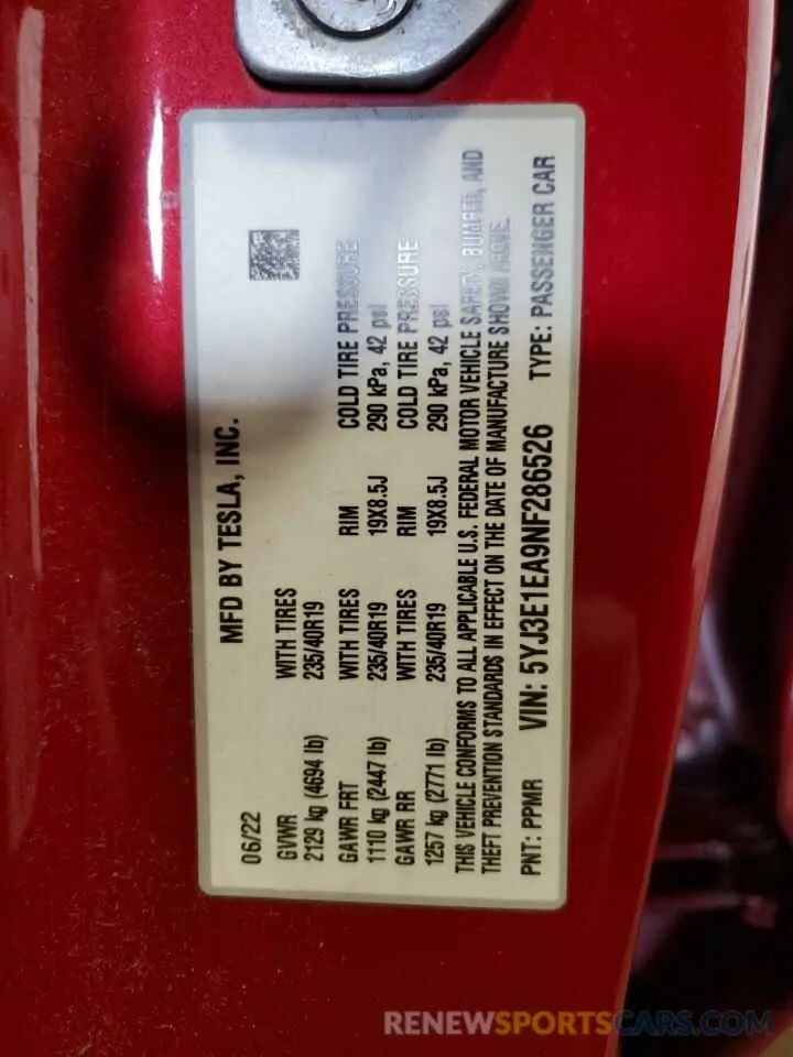 13 Фотография поврежденного автомобиля 5YJ3E1EA9NF286526 TESLA MODEL 3 2022