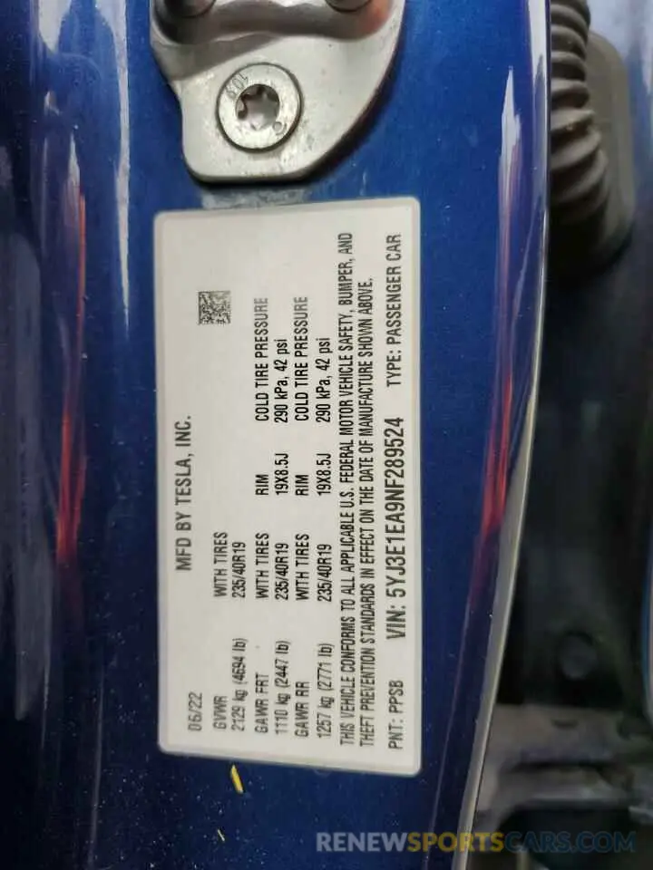 13 Фотография поврежденного автомобиля 5YJ3E1EA9NF289524 TESLA MODEL 3 2022