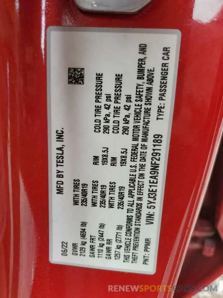 13 Photograph of a damaged car 5YJ3E1EA9NF291189 TESLA MODEL 3 2022