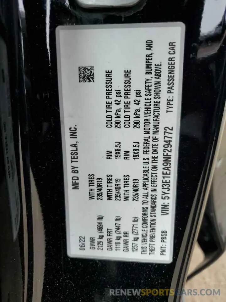 13 Фотография поврежденного автомобиля 5YJ3E1EA9NF294772 TESLA MODEL 3 2022