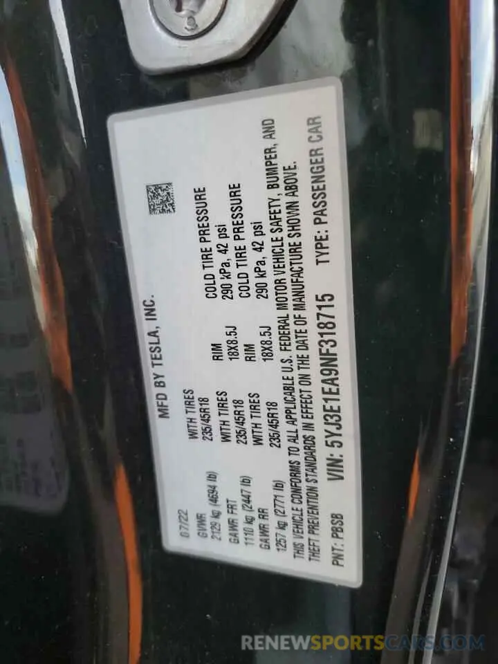 12 Photograph of a damaged car 5YJ3E1EA9NF318715 TESLA MODEL 3 2022