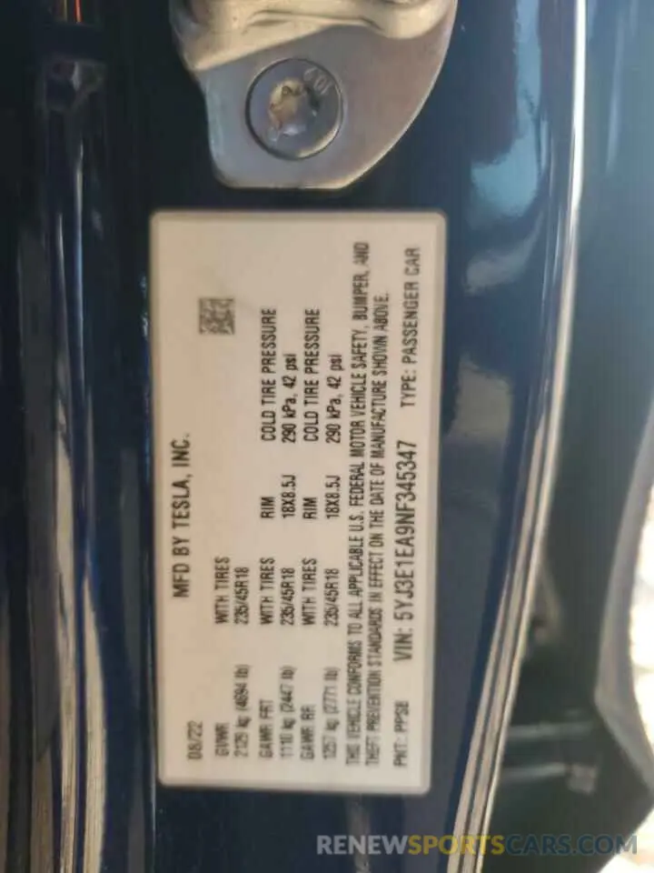 12 Фотография поврежденного автомобиля 5YJ3E1EA9NF345347 TESLA MODEL 3 2022