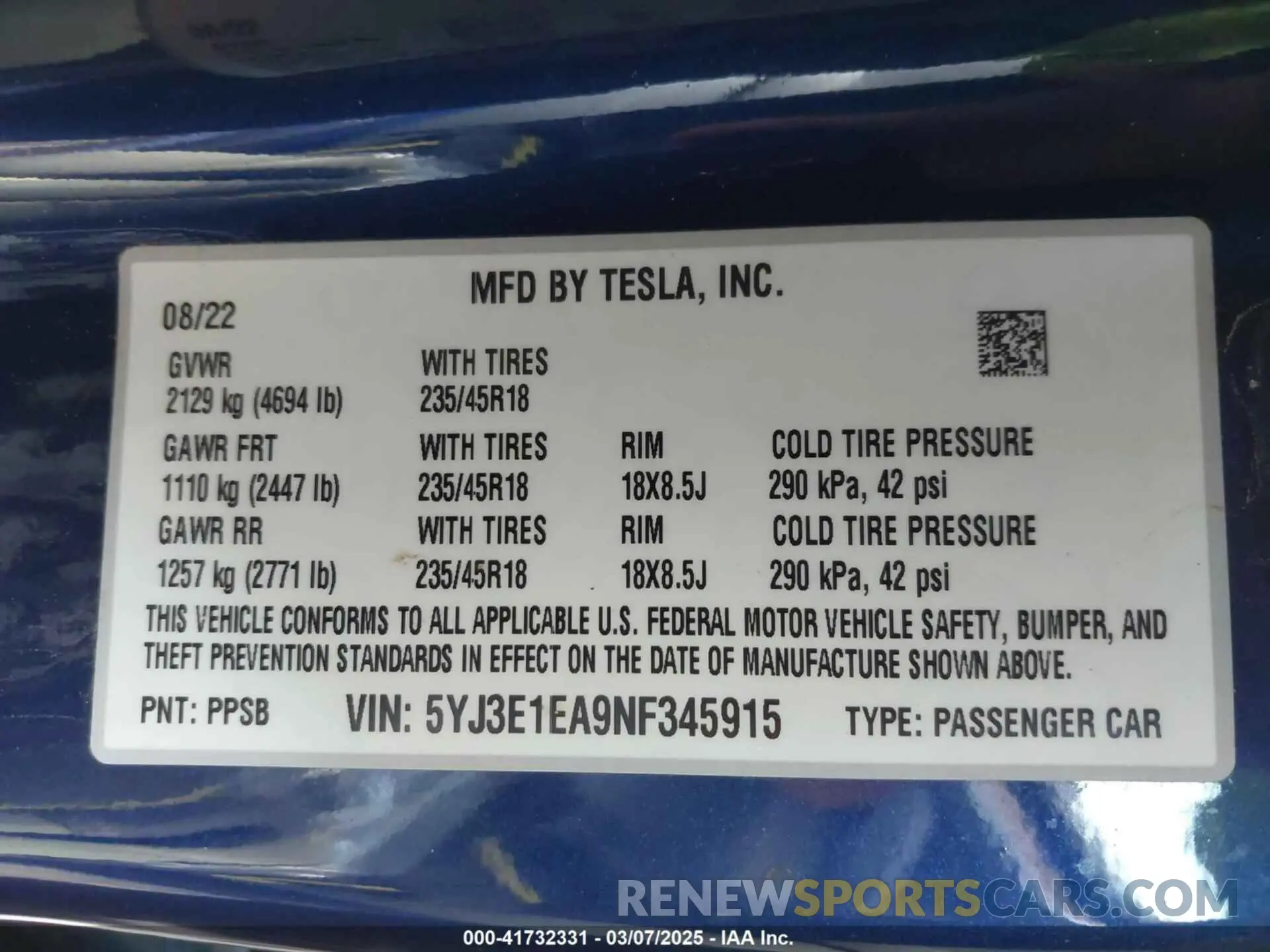 9 Photograph of a damaged car 5YJ3E1EA9NF345915 TESLA MODEL 3 2022