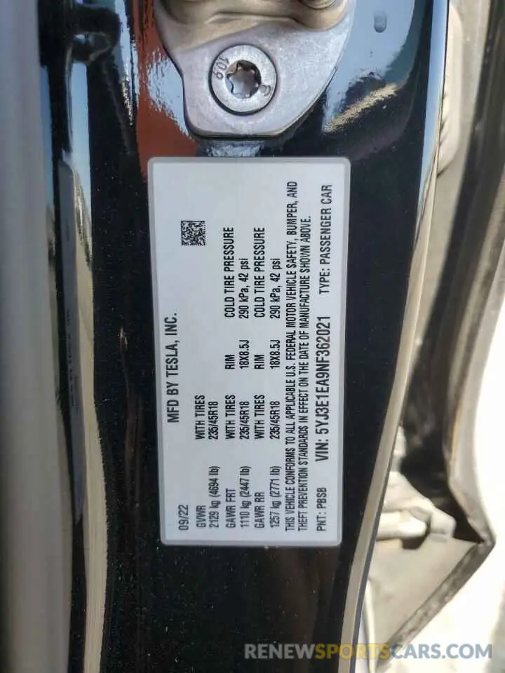 12 Фотография поврежденного автомобиля 5YJ3E1EA9NF362021 TESLA MODEL 3 2022