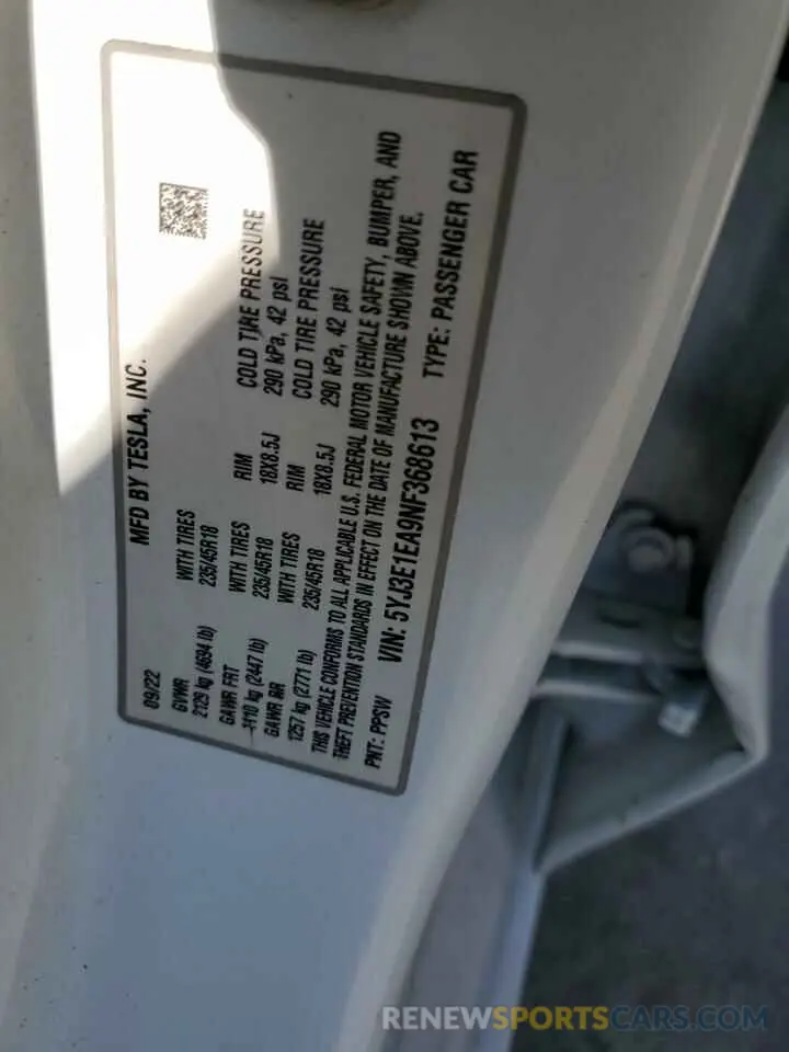 12 Фотография поврежденного автомобиля 5YJ3E1EA9NF368613 TESLA MODEL 3 2022