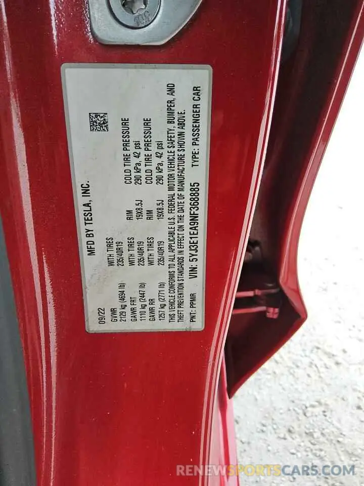 12 Photograph of a damaged car 5YJ3E1EA9NF368885 TESLA MODEL 3 2022