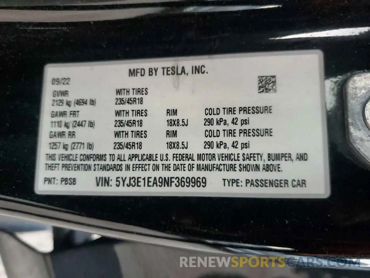 12 Фотография поврежденного автомобиля 5YJ3E1EA9NF369969 TESLA MODEL 3 2022