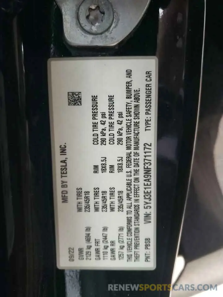 12 Фотография поврежденного автомобиля 5YJ3E1EA9NF371172 TESLA MODEL 3 2022
