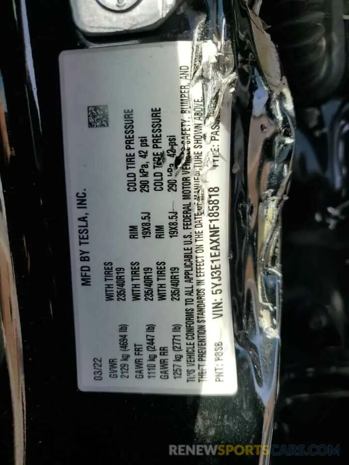 14 Фотография поврежденного автомобиля 5YJ3E1EAXNF185818 TESLA MODEL 3 2022