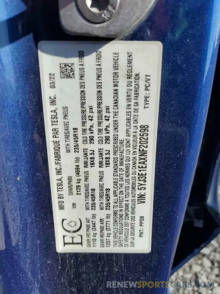 12 Photograph of a damaged car 5YJ3E1EAXNF202598 TESLA MODEL 3 2022