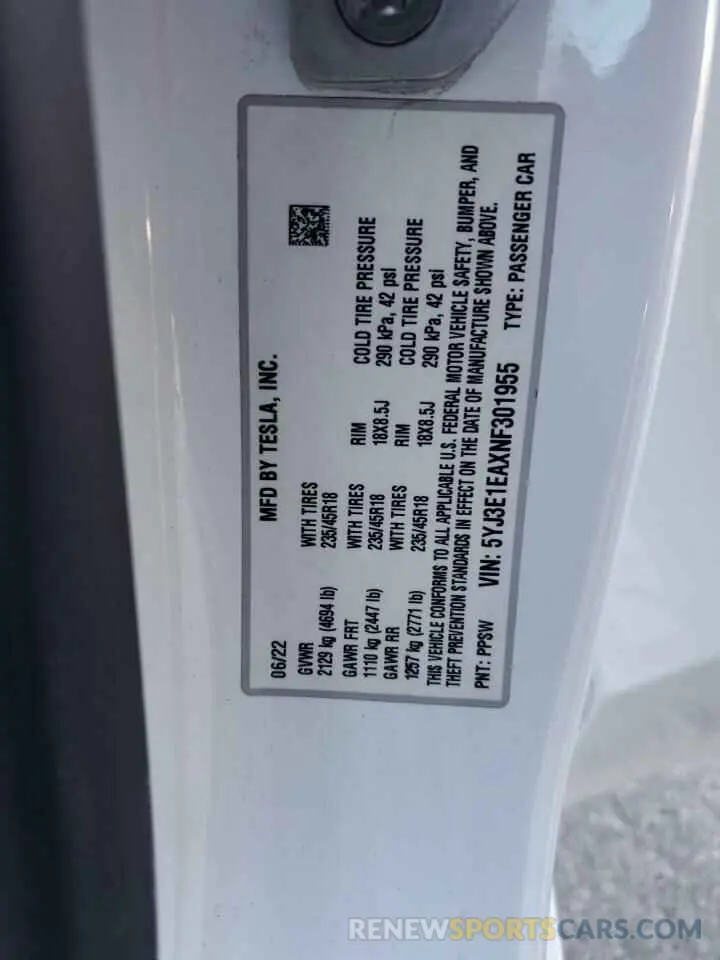 13 Фотография поврежденного автомобиля 5YJ3E1EAXNF301955 TESLA MODEL 3 2022