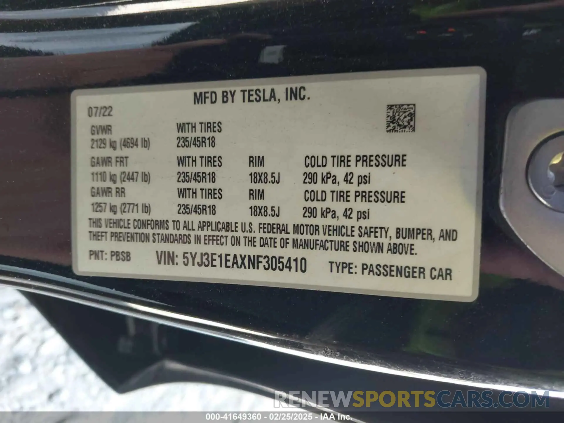 9 Фотография поврежденного автомобиля 5YJ3E1EAXNF305410 TESLA MODEL 3 2022