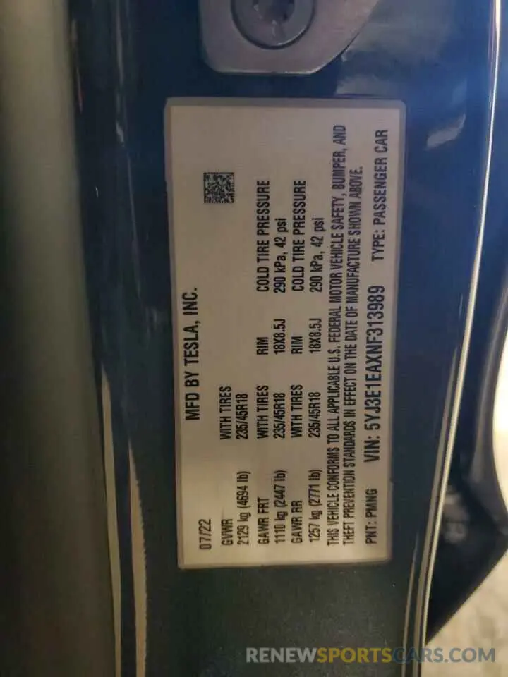 15 Photograph of a damaged car 5YJ3E1EAXNF313989 TESLA MODEL 3 2022