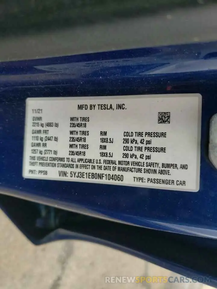 12 Фотография поврежденного автомобиля 5YJ3E1EB0NF104060 TESLA MODEL 3 2022