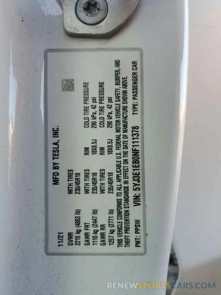 15 Photograph of a damaged car 5YJ3E1EB0NF111378 TESLA MODEL 3 2022