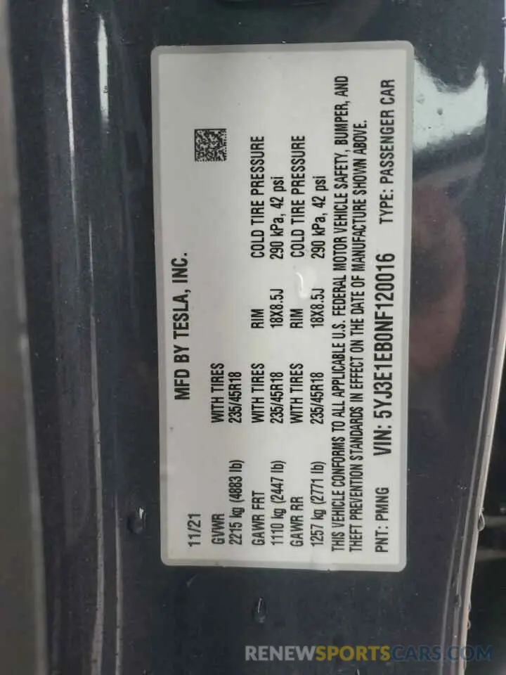 12 Photograph of a damaged car 5YJ3E1EB0NF120016 TESLA MODEL 3 2022