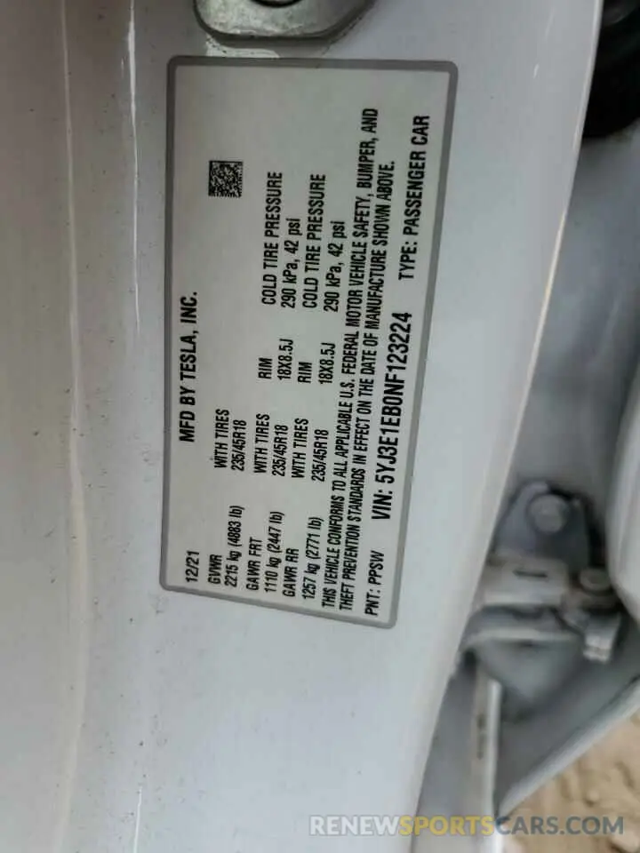 13 Фотография поврежденного автомобиля 5YJ3E1EB0NF123224 TESLA MODEL 3 2022
