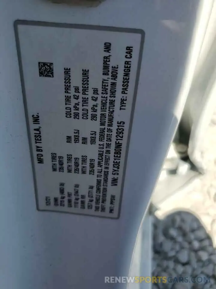 12 Фотография поврежденного автомобиля 5YJ3E1EB0NF129315 TESLA MODEL 3 2022