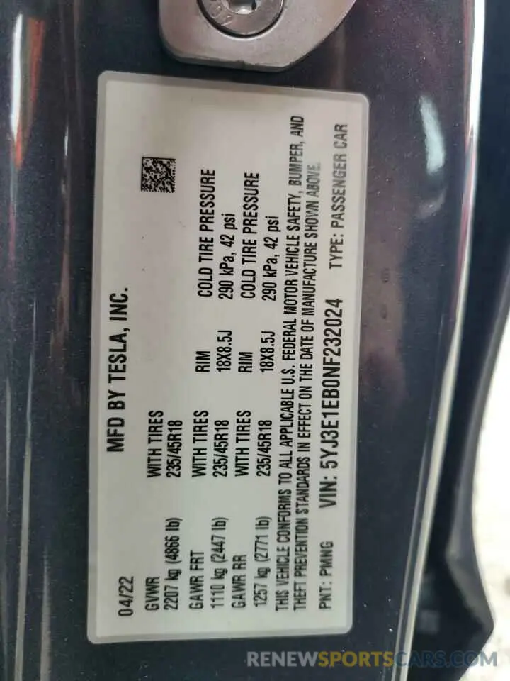 12 Фотография поврежденного автомобиля 5YJ3E1EB0NF232024 TESLA MODEL 3 2022