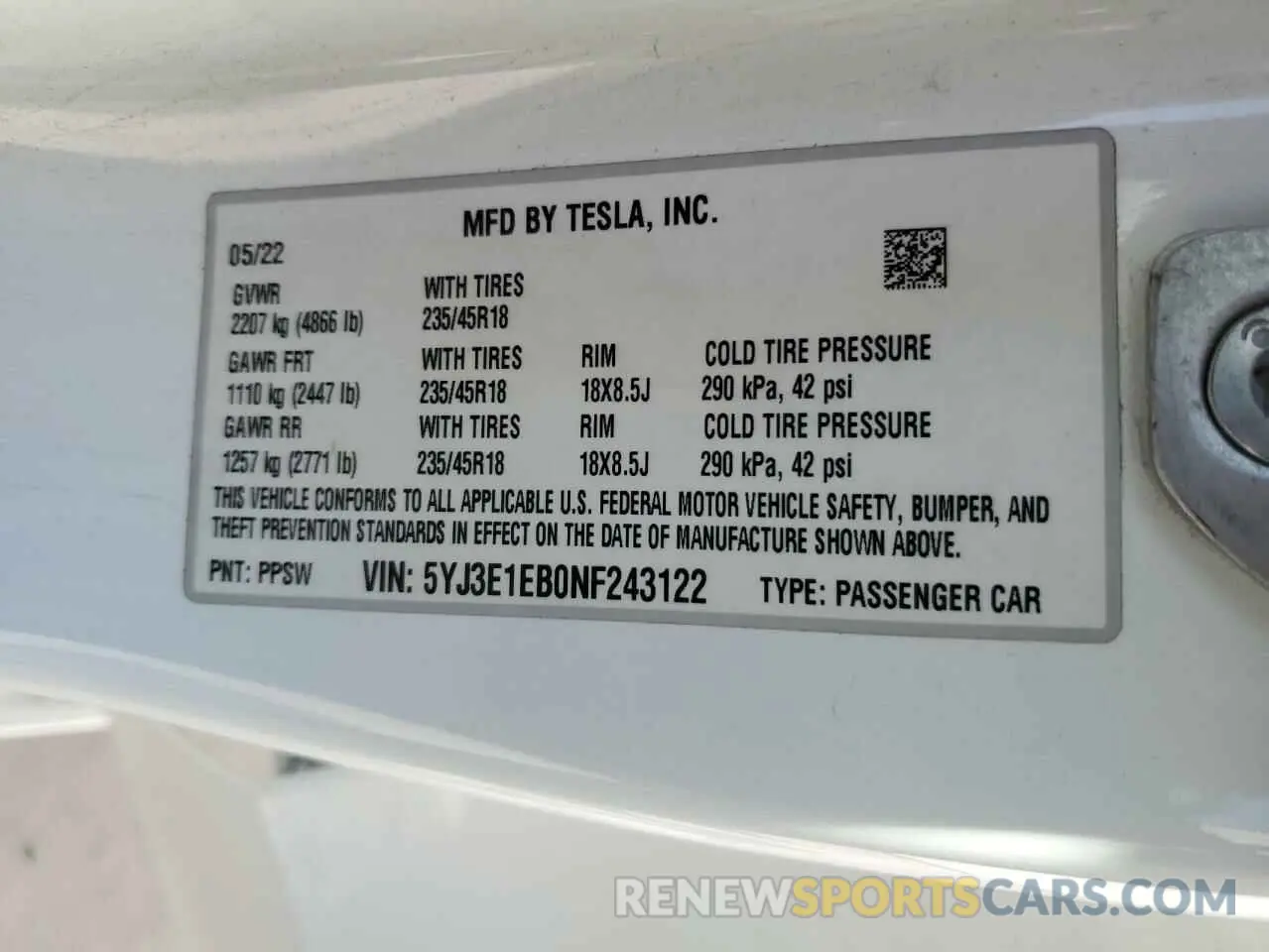 12 Photograph of a damaged car 5YJ3E1EB0NF243122 TESLA MODEL 3 2022