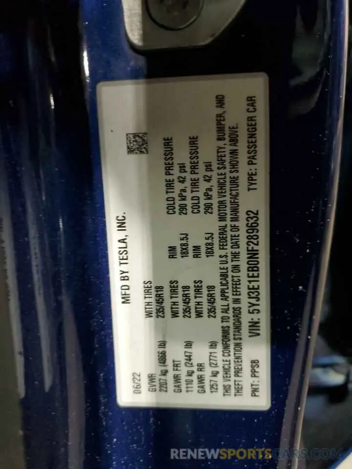 12 Фотография поврежденного автомобиля 5YJ3E1EB0NF289632 TESLA MODEL 3 2022