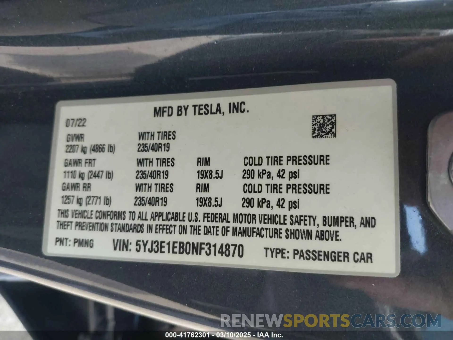 9 Фотография поврежденного автомобиля 5YJ3E1EB0NF314870 TESLA MODEL 3 2022