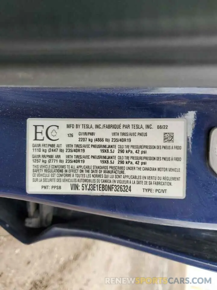 12 Фотография поврежденного автомобиля 5YJ3E1EB0NF326324 TESLA MODEL 3 2022
