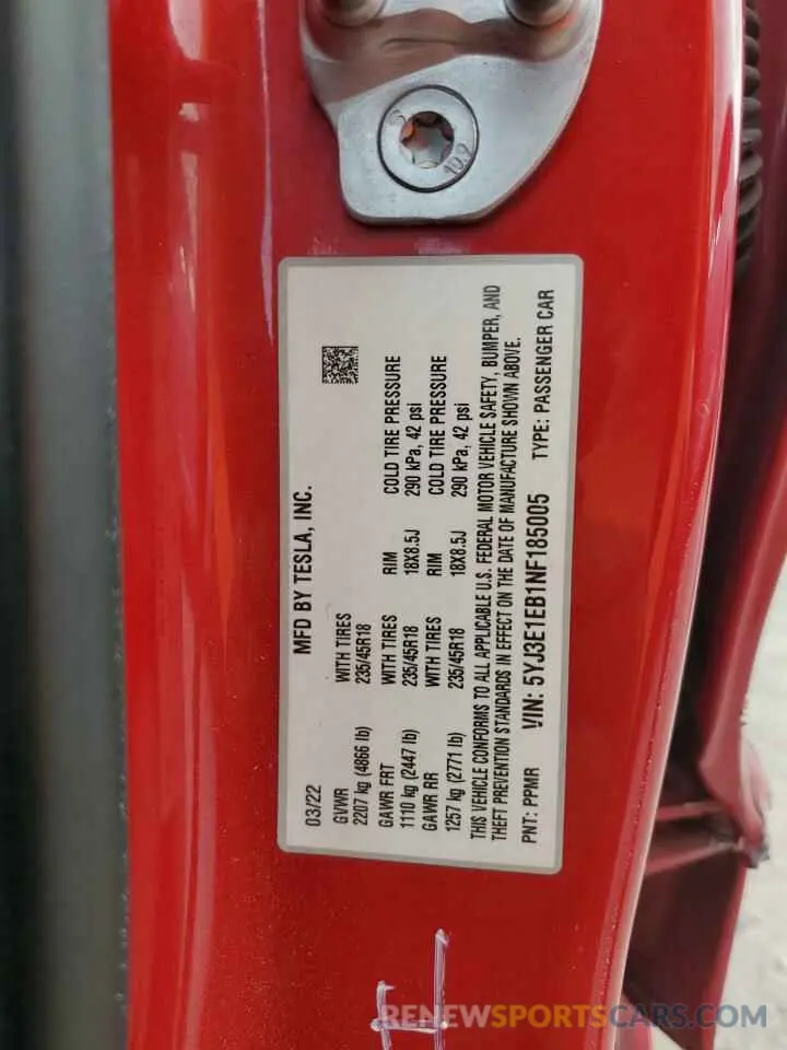 14 Photograph of a damaged car 5YJ3E1EB1NF185005 TESLA MODEL 3 2022