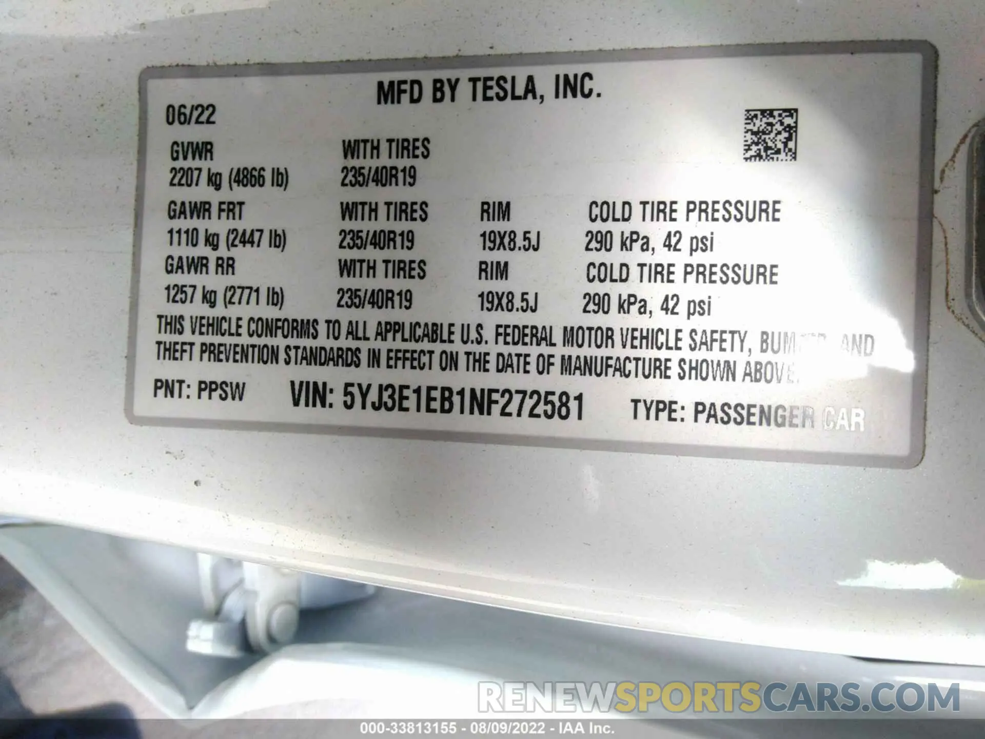 9 Фотография поврежденного автомобиля 5YJ3E1EB1NF272581 TESLA MODEL 3 2022