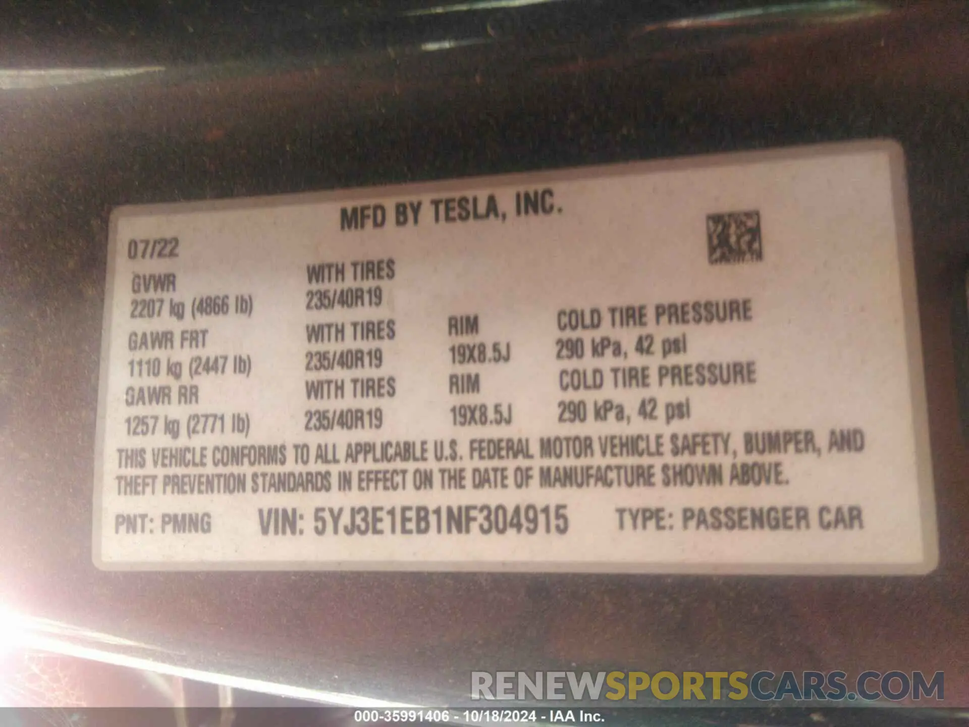 9 Фотография поврежденного автомобиля 5YJ3E1EB1NF304915 TESLA MODEL 3 2022