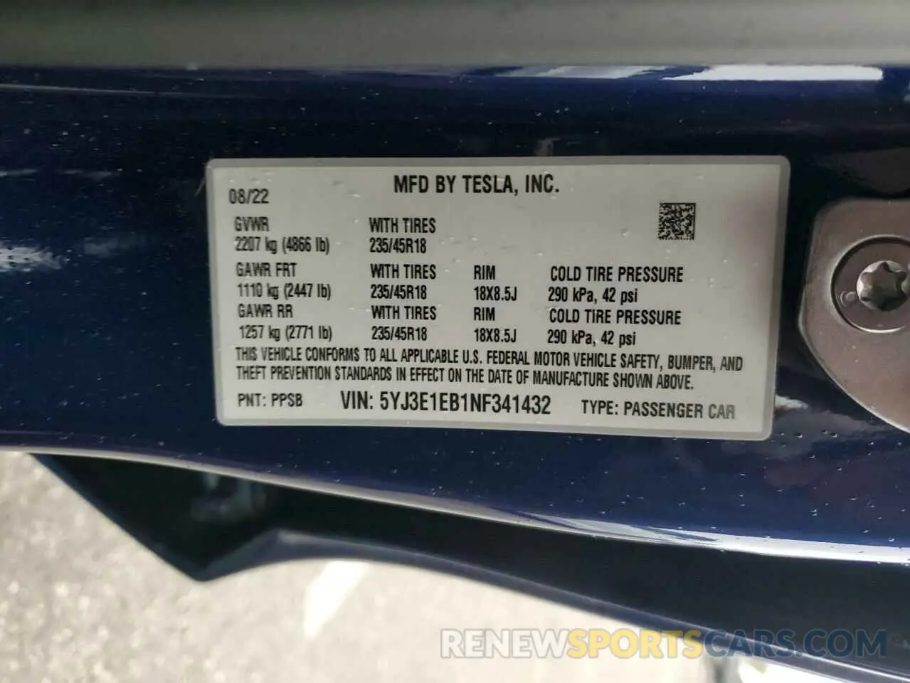 15 Photograph of a damaged car 5YJ3E1EB1NF341432 TESLA MODEL 3 2022