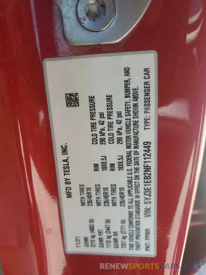 12 Фотография поврежденного автомобиля 5YJ3E1EB2NF112449 TESLA MODEL 3 2022