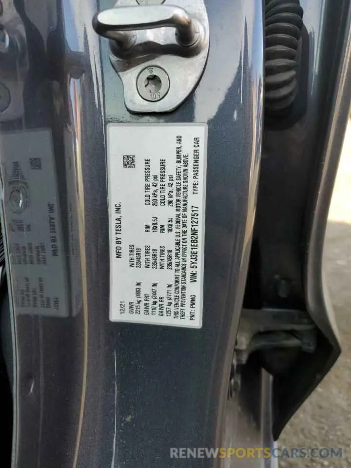 13 Фотография поврежденного автомобиля 5YJ3E1EB2NF127517 TESLA MODEL 3 2022