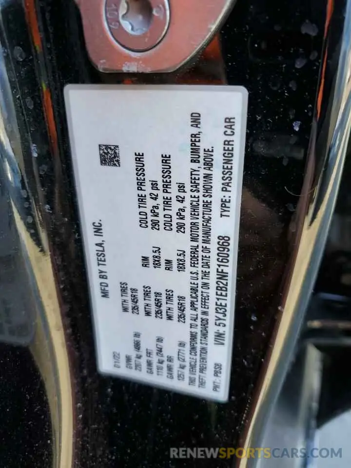 12 Фотография поврежденного автомобиля 5YJ3E1EB2NF160968 TESLA MODEL 3 2022