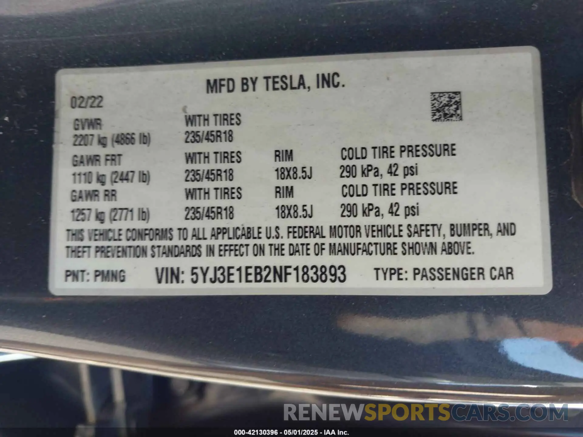 9 Photograph of a damaged car 5YJ3E1EB2NF183893 TESLA MODEL 3 2022
