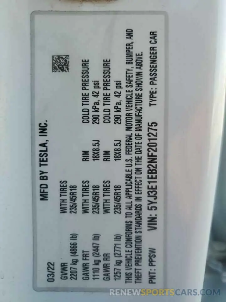 13 Photograph of a damaged car 5YJ3E1EB2NF201275 TESLA MODEL 3 2022