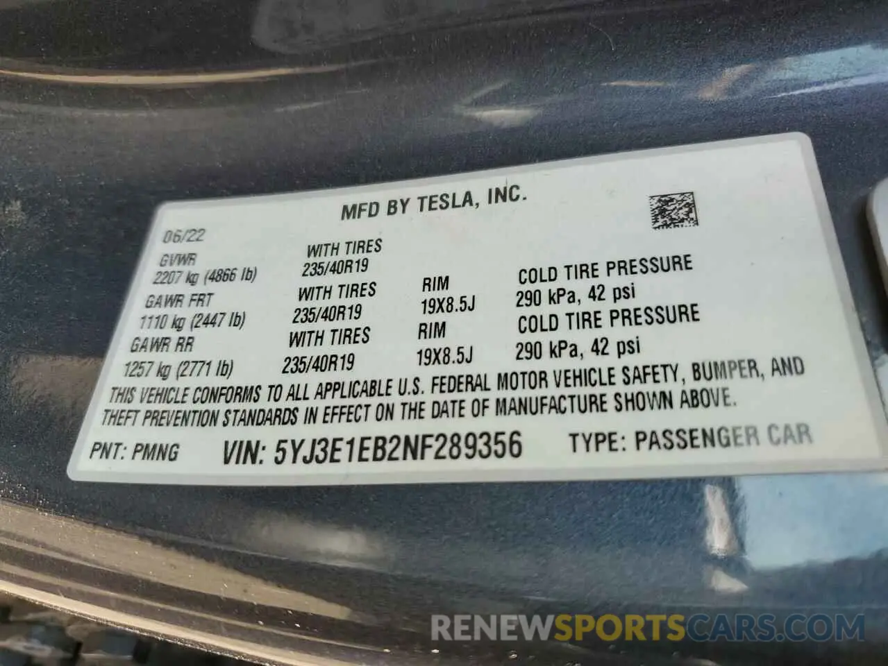 12 Фотография поврежденного автомобиля 5YJ3E1EB2NF289356 TESLA MODEL 3 2022
