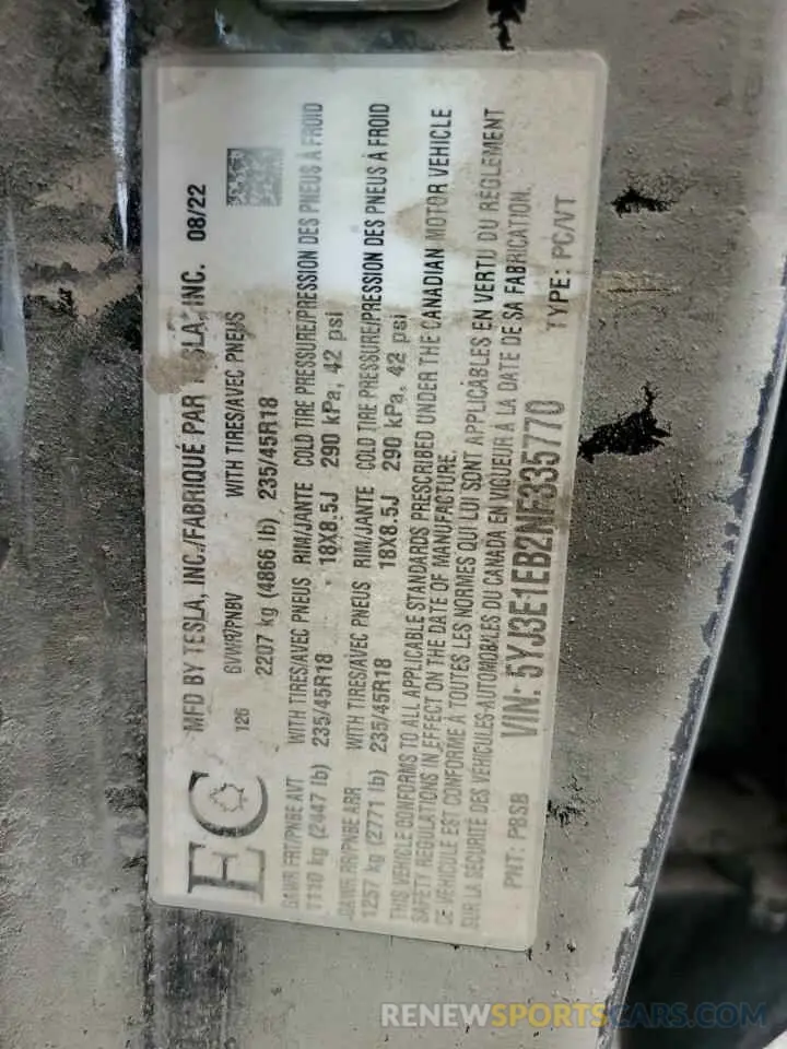 12 Photograph of a damaged car 5YJ3E1EB2NF335770 TESLA MODEL 3 2022