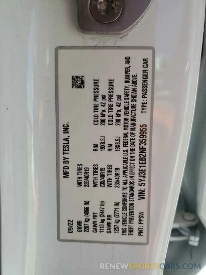 12 Фотография поврежденного автомобиля 5YJ3E1EB2NF359955 TESLA MODEL 3 2022