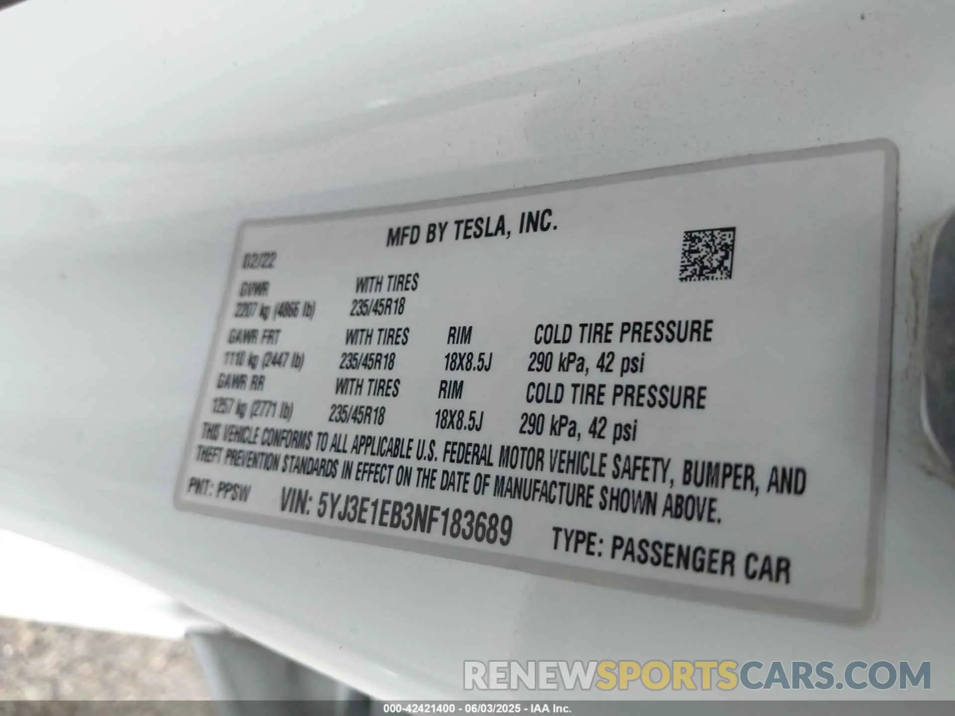 9 Фотография поврежденного автомобиля 5YJ3E1EB3NF183689 TESLA MODEL 3 2022