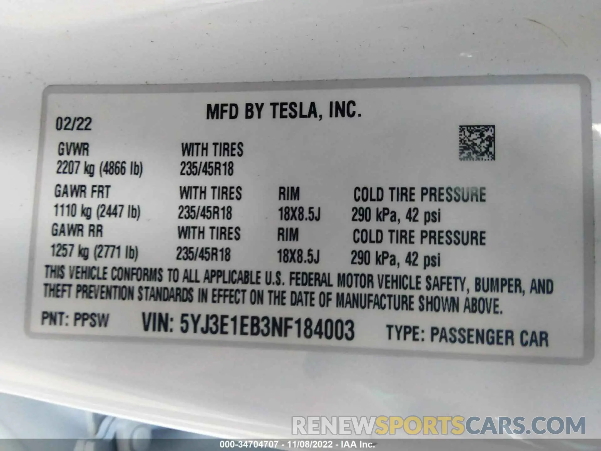 8 Photograph of a damaged car 5YJ3E1EB3NF184003 TESLA MODEL 3 2022