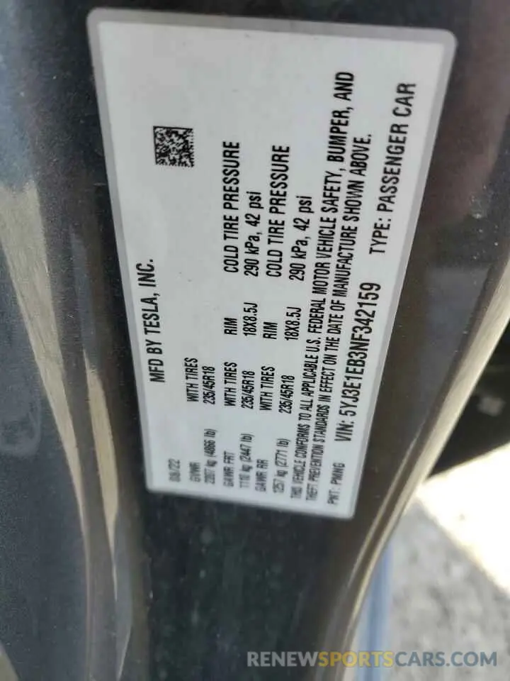 12 Photograph of a damaged car 5YJ3E1EB3NF342159 TESLA MODEL 3 2022