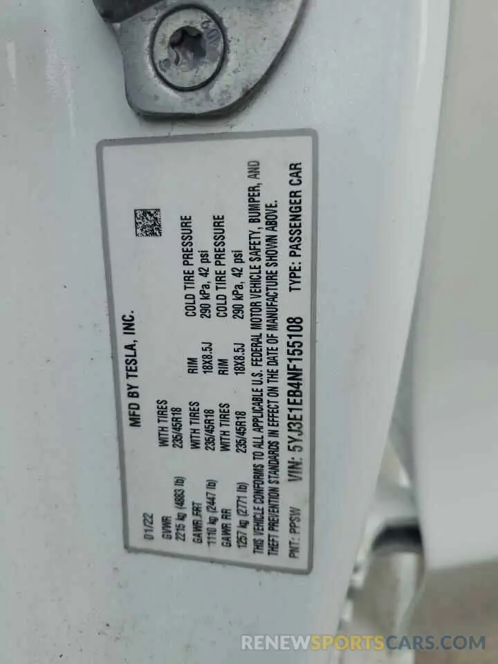 13 Photograph of a damaged car 5YJ3E1EB4NF155108 TESLA MODEL 3 2022
