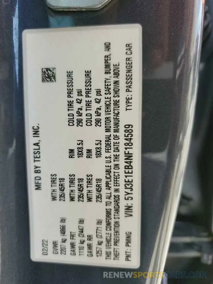 12 Photograph of a damaged car 5YJ3E1EB4NF184589 TESLA MODEL 3 2022