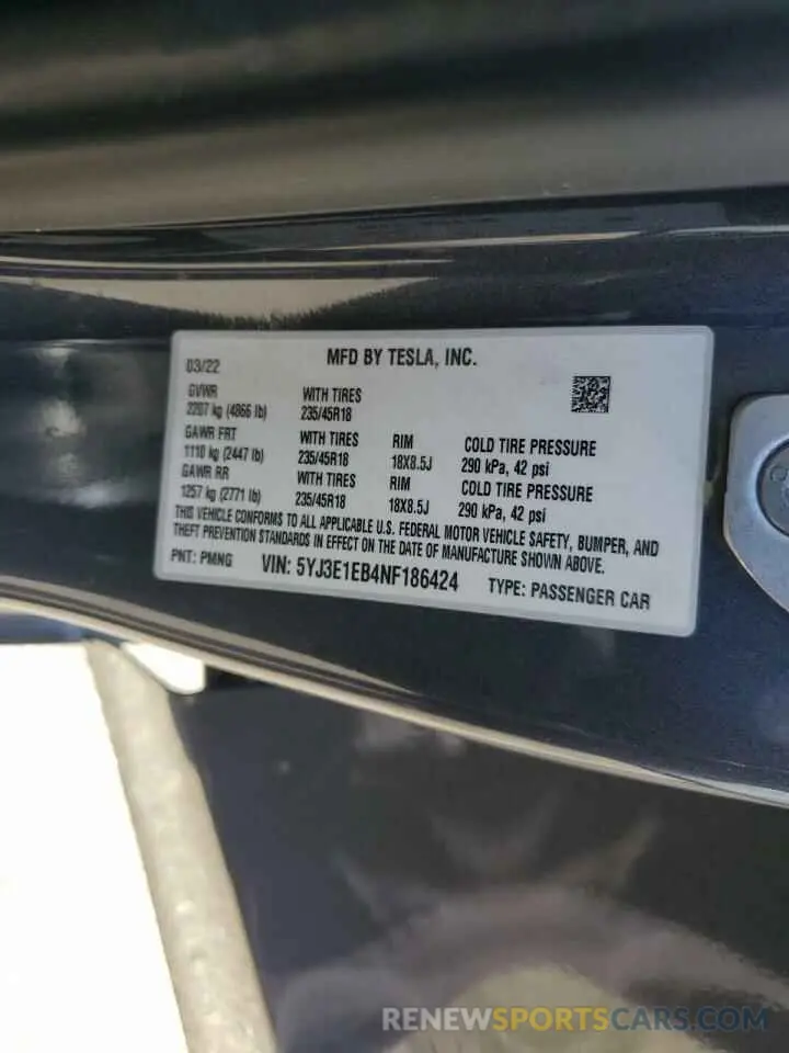 12 Photograph of a damaged car 5YJ3E1EB4NF186424 TESLA MODEL 3 2022