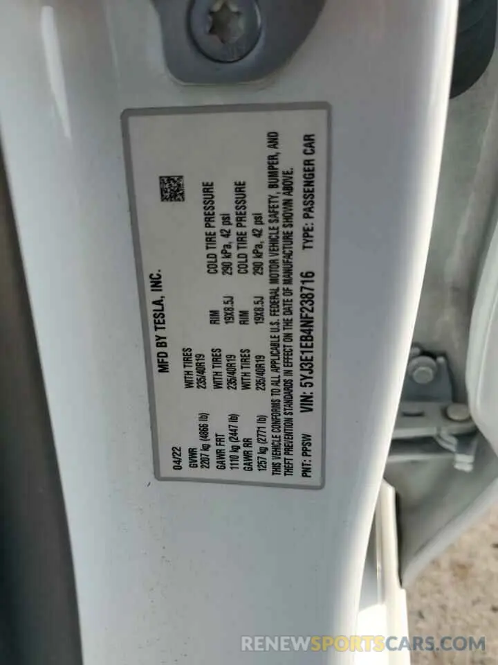 13 Photograph of a damaged car 5YJ3E1EB4NF238716 TESLA MODEL 3 2022