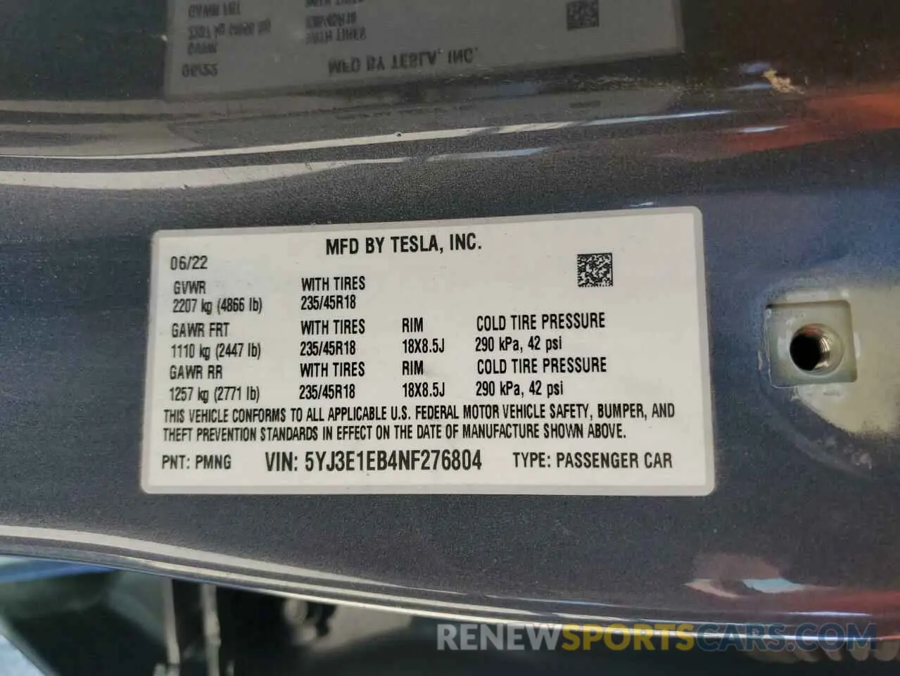 14 Фотография поврежденного автомобиля 5YJ3E1EB4NF276804 TESLA MODEL 3 2022