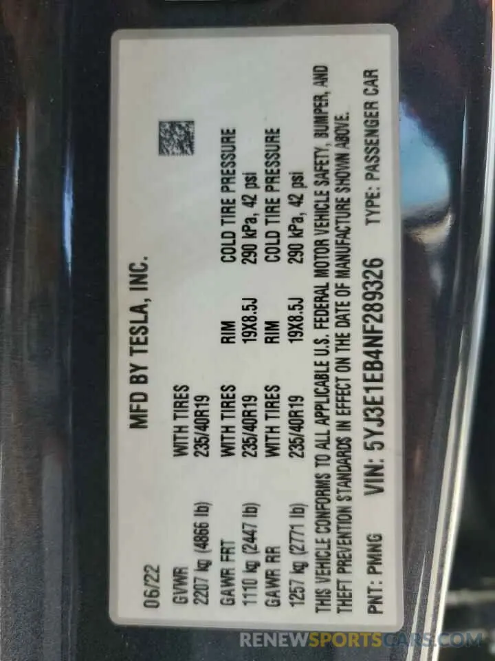 12 Photograph of a damaged car 5YJ3E1EB4NF289326 TESLA MODEL 3 2022