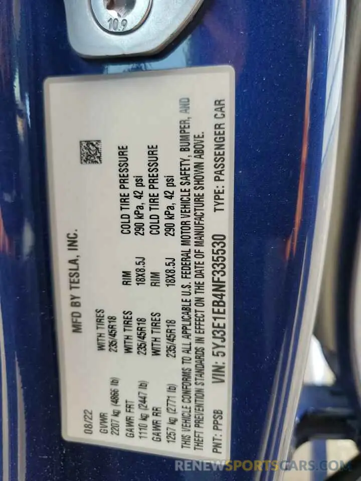 12 Photograph of a damaged car 5YJ3E1EB4NF335530 TESLA MODEL 3 2022